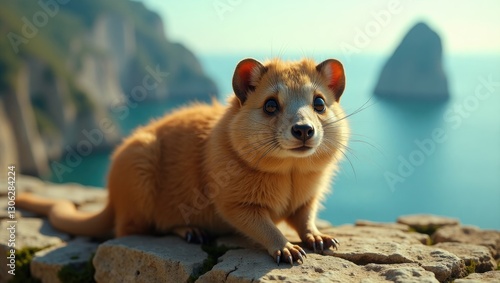 Magot (Macaca sylvanus) perched on a wall. Gibraltar Rock, Gibraltar, March 2018. Magots are considered informal emblems of Gibraltar.
