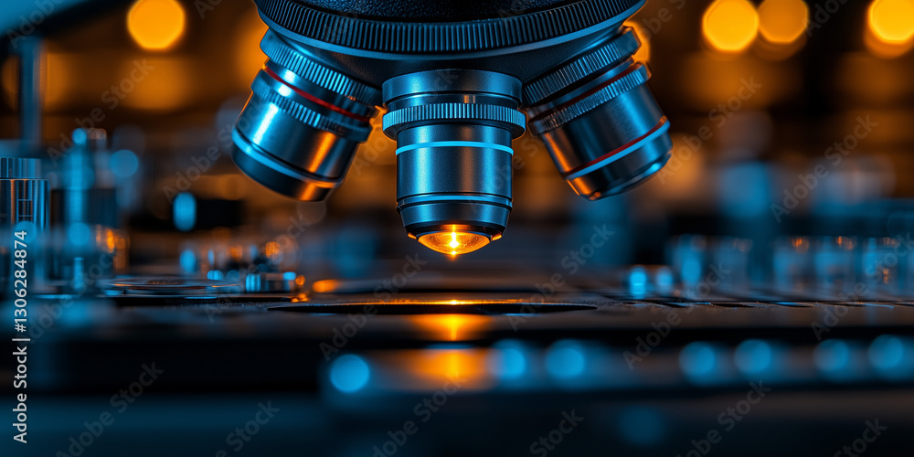 Microscope lens close-up, blue and orange, for scientific research Microscope lens close-up, blue and orange, for scientific research