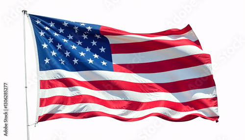 american flag waving and isolated on white