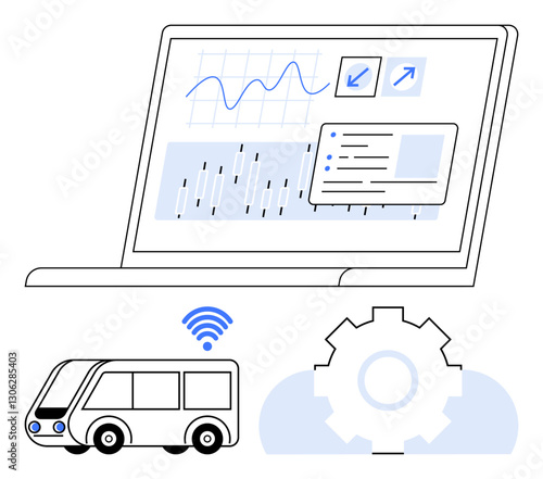 Wallpaper Mural Laptop displaying analytics and graphs, autonomous vehicle with wireless signal, gearwheel symbolizing system optimization. Ideal for smart city, data analytics, automation, transportation, IoT Torontodigital.ca