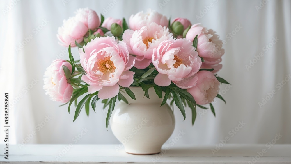 Blush peonies arranged in a white vase set against a light backdrop Blush peonies arranged in a white vase set against a light backdrop