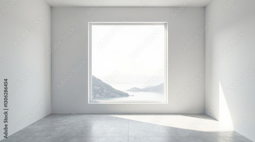 Serene Minimalist Room with Expansive Panoramic Window Offering Breathtaking Water and Mountain View Serene Minimalist Room with Expansive Panoramic Window Offering Breathtaking Water and Mountain View