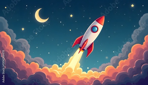 Fototapeta Naklejka Na Ścianę i Meble -  Cartoon space ship rocket taking off.
