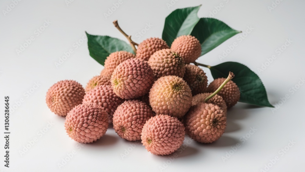 Clusters of lychees set against a white backdrop. Clusters of lychees set against a white backdrop.