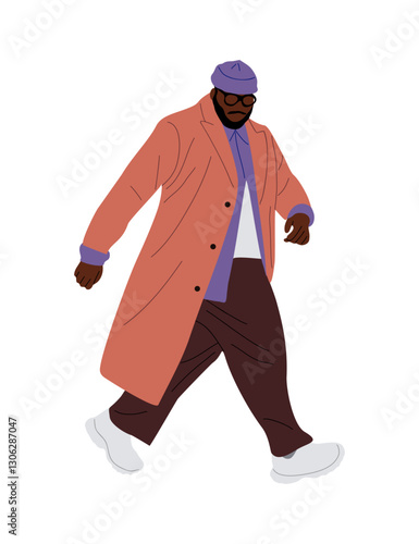 Stylish black man walking in fashion casual outfit, modern warm autumn, winter clothes, coat and hat. African man wearing street fashion outfit. Vector male character isolated