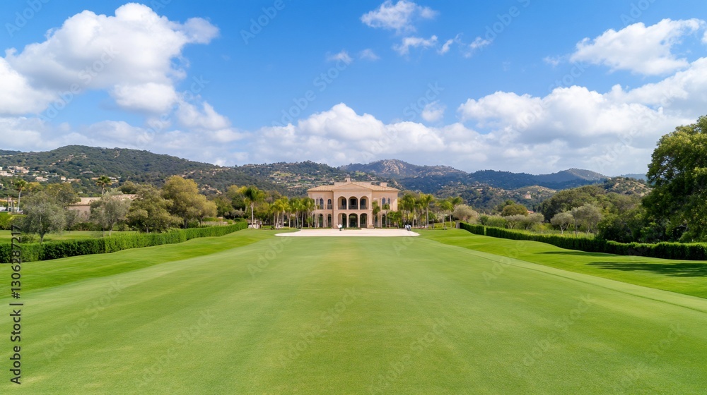 Fototapeta premium Mediterranean mansion, green lawn, mountains. Real estate brochure