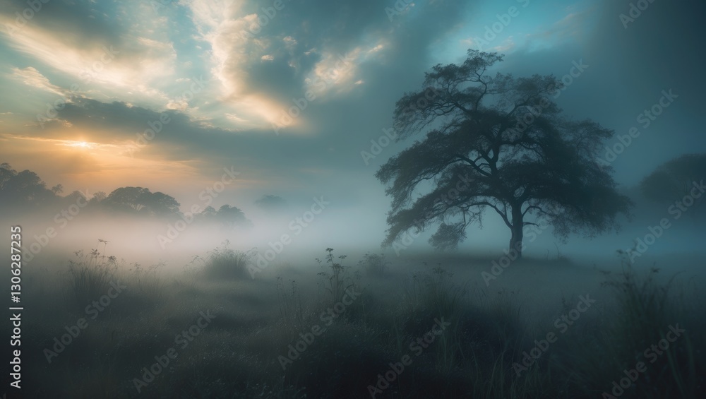 Fototapeta premium Misty outdoor landscape with a hazy sky and tree