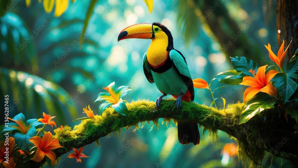 Fototapeta premium Keel-billed toucan perched among lush foliage in its natural environment.