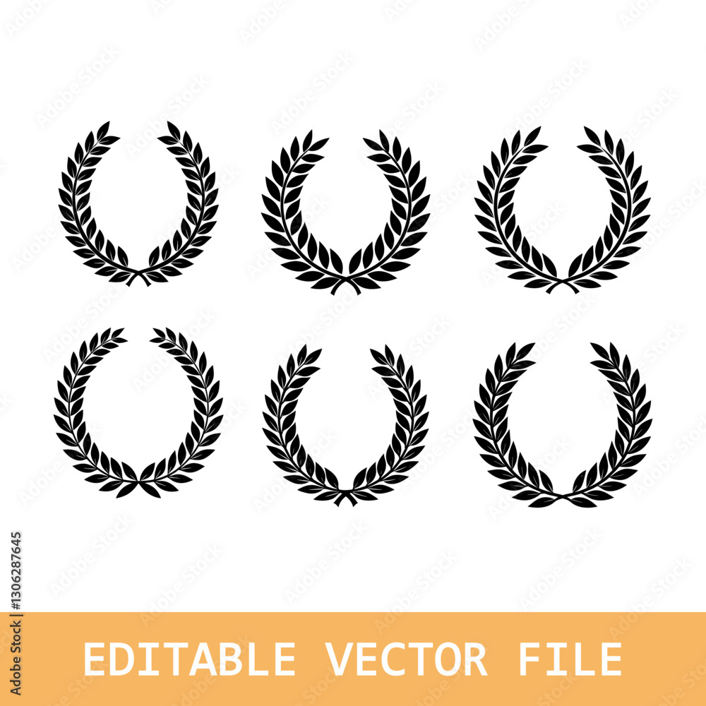 Fototapeta premium Laurel wreath Set, Black circular laurel olive branches greek wreath. Black Chaplet Nominate Winner Silhouette Icon Set.