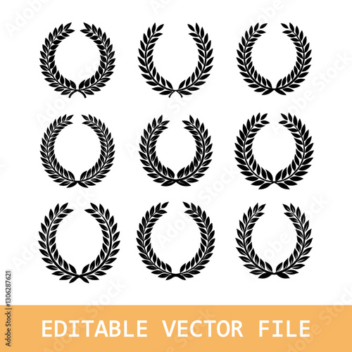  Black Chaplet Nominate Winner Silhouette Icon Set. Trophy crest. Greek olive branch award, winner round emblem