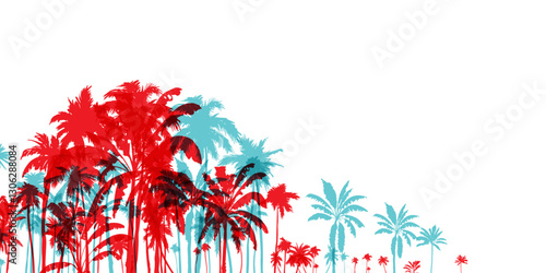 Palm tree silhouettes. Colorful tropical lanscape. Vector horisontal border.