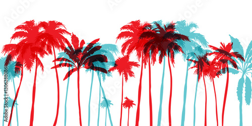 Palm tree silhouettes. Colorful tropical lanscape. Vector horisontal border.