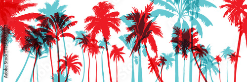 Palm tree silhouettes. Colorful tropical lanscape. Vector horisontal border.