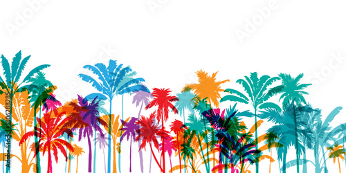 Palm tree silhouettes. Colorful tropical lanscape. Vector horisontal border.