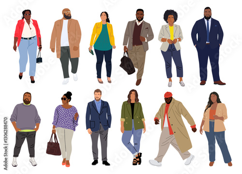 Body positive set of plus size business people in fashion formal and smart casual outfits. Happy men, women with fat curvy bodies standing, walking. Vector illustrations isolated 