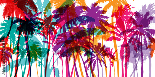 Palm tree silhouettes. Colorful tropical lanscape. Vector horisontal border.