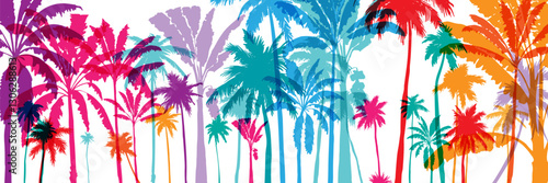 Palm tree silhouettes. Colorful tropical lanscape. Vector horisontal border.