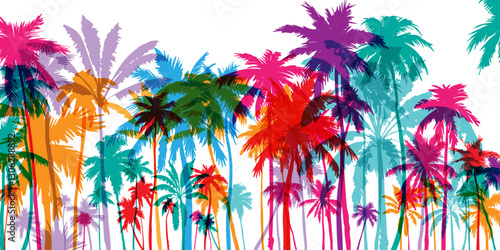 Palm tree silhouettes. Colorful tropical lanscape. Vector horisontal border.