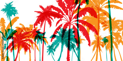 Palm tree silhouettes. Colorful tropical lanscape. Vector horisontal border.
