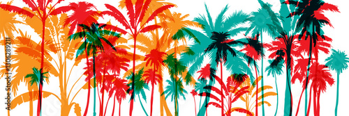 Palm tree silhouettes. Colorful tropical lanscape. Vector horisontal border.