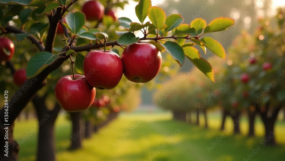 Obraz premium Apple Orchard in England, featuring a fruit tree laden with red apples. Focus on fruit cultivation, the harvest period, and local UK produce. Season for apple picking.