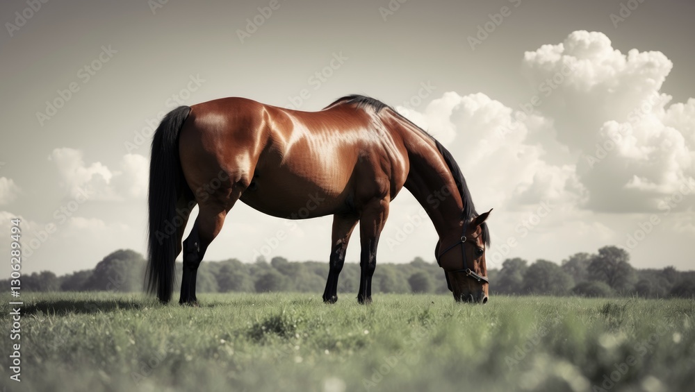 Obraz premium horse feeding on lush meadow grass