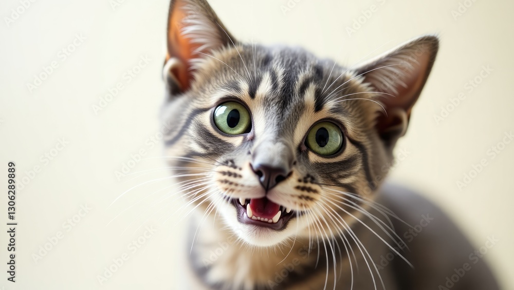 Close-up of a playful adult cat showcasing a humorous expression. A gray tabby with striking green eyes, representing a domestic pet. Close-up of a playful adult cat showcasing a humorous expression. A gray tabby with striking green eyes, representing a domestic pet.
