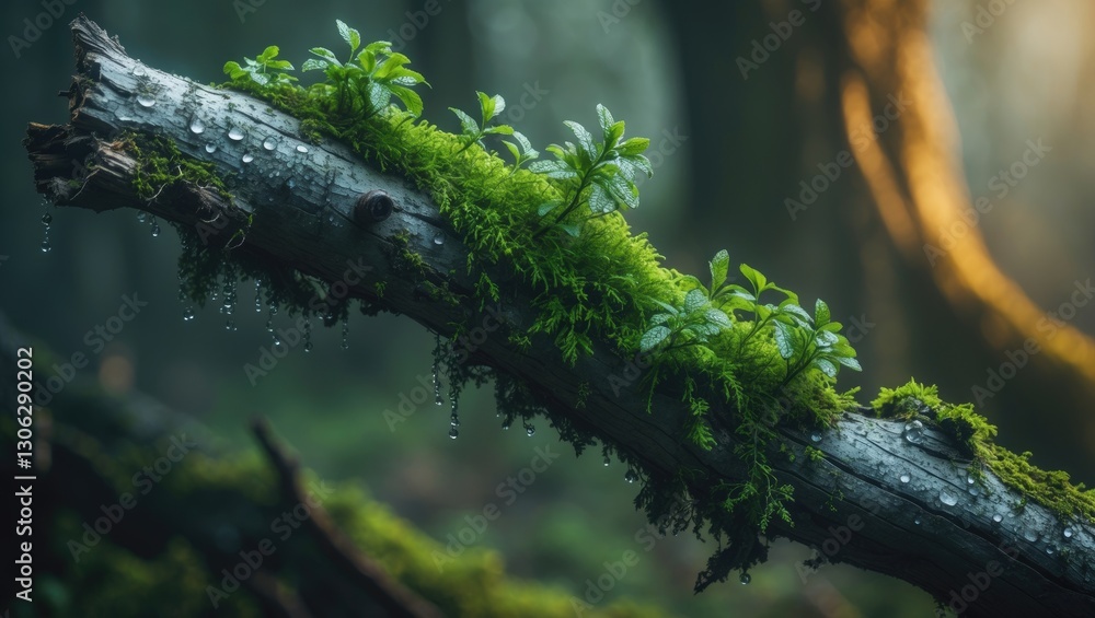 Fototapeta premium Profile view of a decaying branch adorned with vibrant green moss.