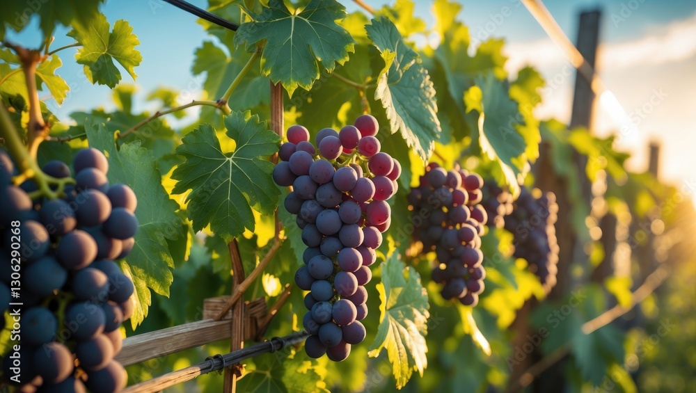Fototapeta premium Vibrant Merlot grapes dangle from a summer vine in a sunlit vineyard. Backlit by sunlight.