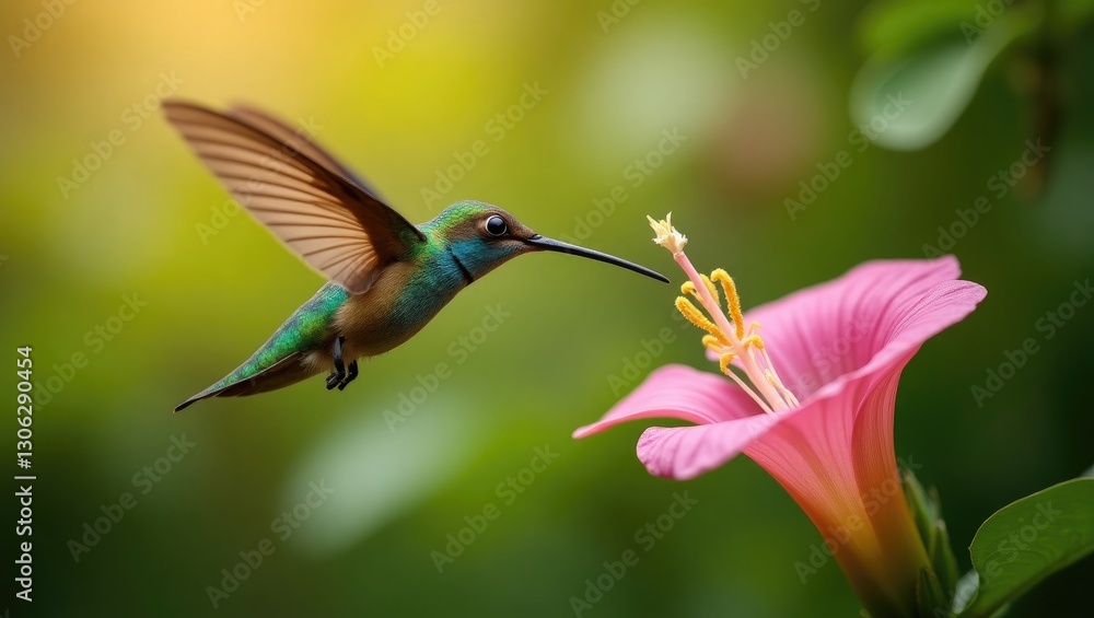 Naklejka premium moth resembling a hummingbird in flight above a bloom (Macroglossum stellatarum)