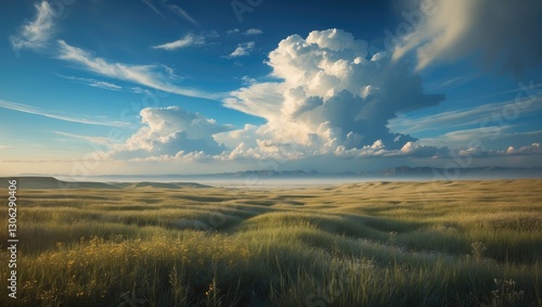 Mongolian steppes under a blue sky with cloud formations photo