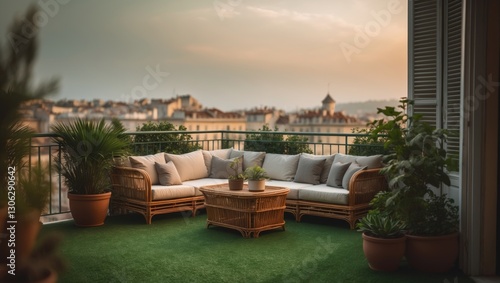 Charming balcony featuring artificial turf flooring along with a rattan corner sofa and coffee table.