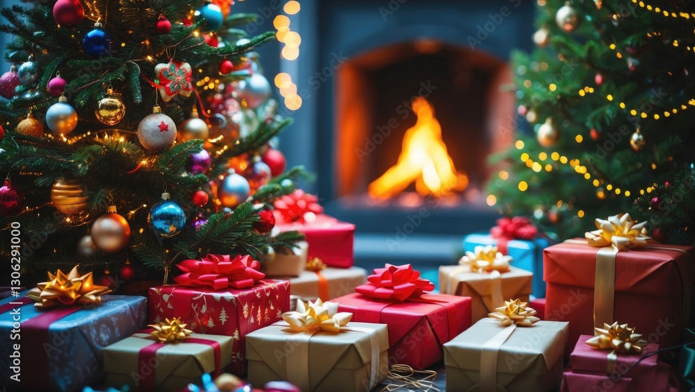 View of a festive Christmas tree, surrounded by presents and a distant fireplace. View of a festive Christmas tree, surrounded by presents and a distant fireplace.