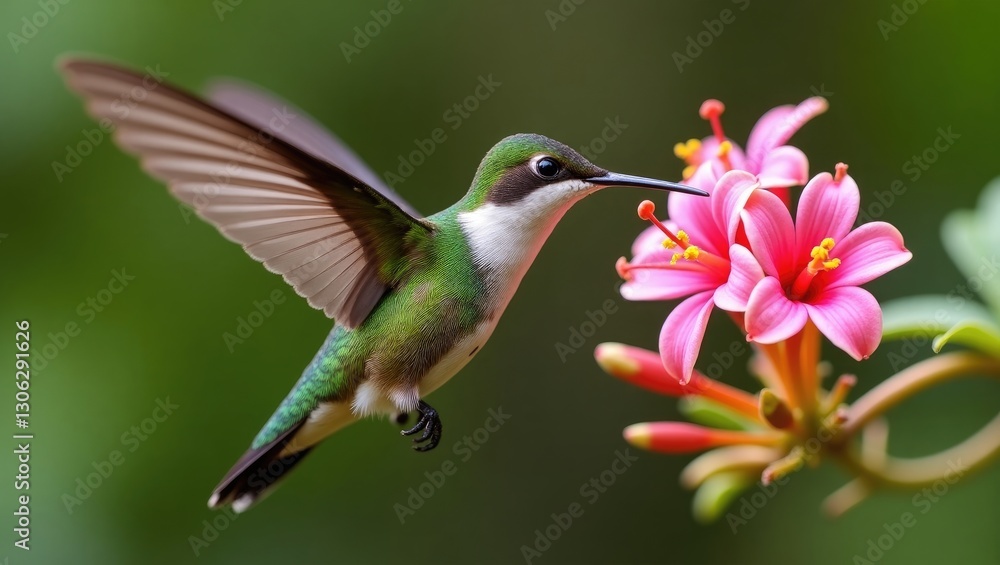 Beautiful Green-crowned Brilliant hummingbird, Heliodoxa jacula, hovering near a vibrant pink flower with additional blooms in the background, La Paz, Costa Rica. Bird feeding on nectar from the bl... Beautiful Green-crowned Brilliant hummingbird, Heliodoxa jacula, hovering near a vibrant pink flower with additional blooms in the background, La Paz, Costa Rica. Bird feeding on nectar from the bl...