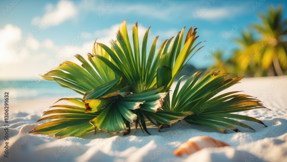 Fototapeta premium Lush green palm fronds by a sandy tropical shoreline