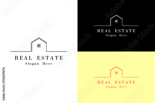 minimalist house design with windows and lines, vector, logo for home, rental house, property firm, builder, real estate, construction, rental property, apartment, plot, property buy sell