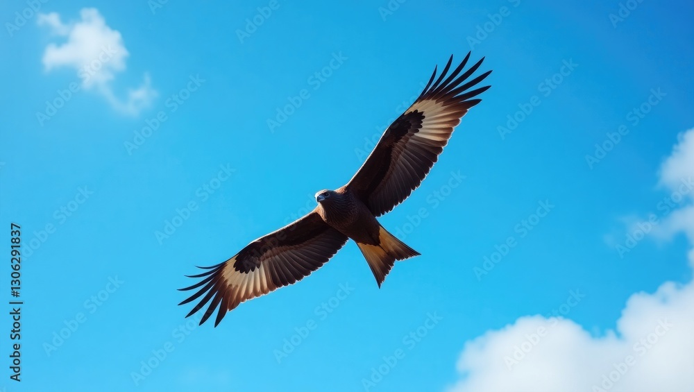 Fototapeta premium black kite soaring in the sky with spread wings against a backdrop of blue