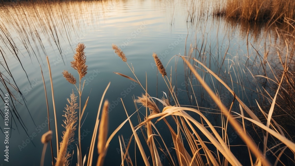 Layers of reeds, reed seeds, and dried reeds by the lake. Autumn light illuminates the golden reed grass. An abstract outdoor image showcasing a serene design in soothing hues. A modern, minimalist... Layers of reeds, reed seeds, and dried reeds by the lake. Autumn light illuminates the golden reed grass. An abstract outdoor image showcasing a serene design in soothing hues. A modern, minimalist...