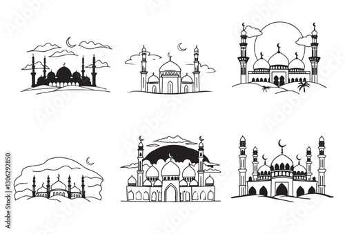 Graceful Mosque Silhouettes Pack,Minimalist Mosque Silhouettes: 6 Variations in Vector Format.