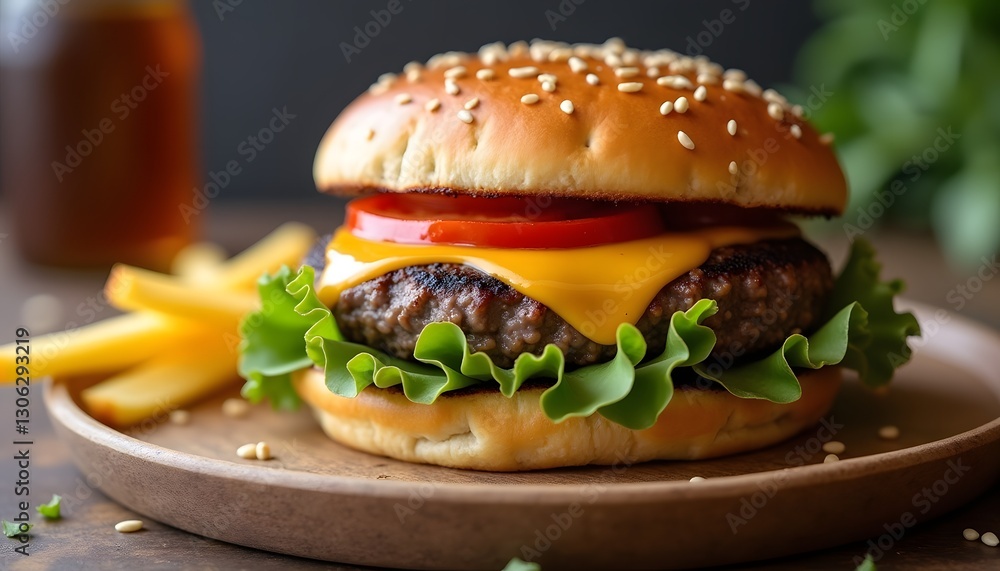 Grilled beef burger on homemade bun, topped with melted cheese.
Grilled beef burger on homemade bun, topped with melted cheese.
