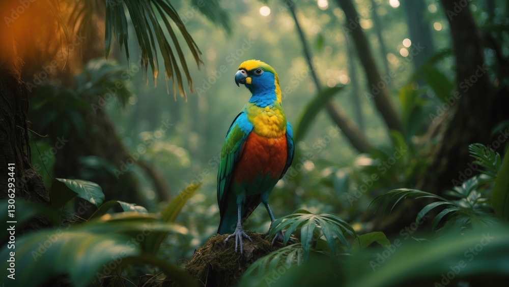 Obraz premium Vibrant and stunning bird within its natural environment. Avian species of northern Pantanal, Brazil's wilderness rich in greenery, showcasing the essence of South American nature and wild landscapes.