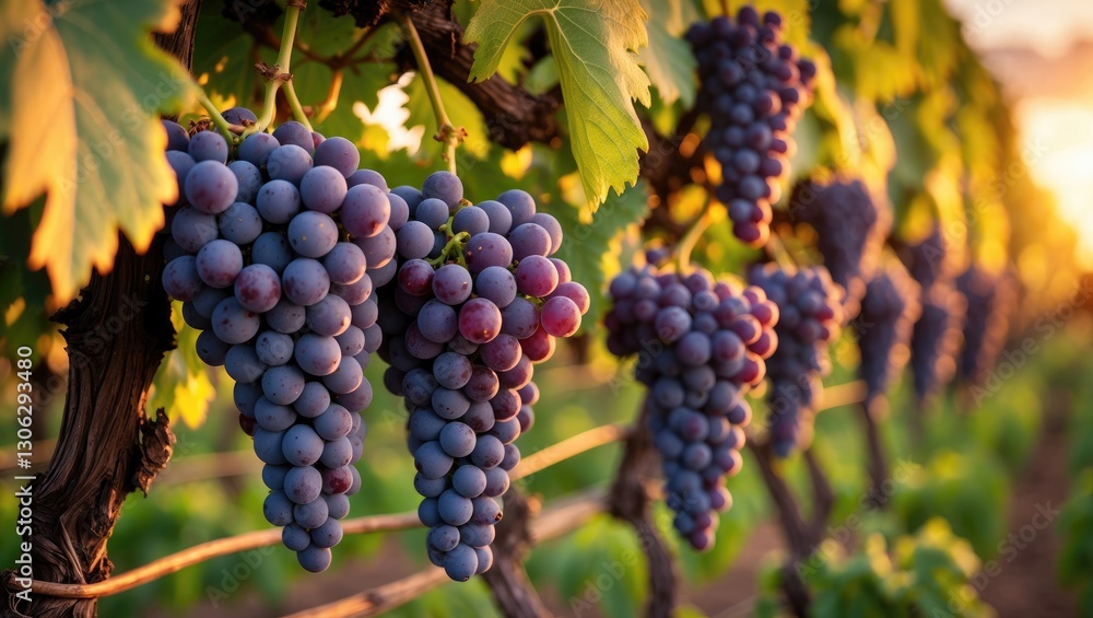 custom made wallpaper toronto digitalMature Cabernet grapes hanging on the vine in a vineyard during sunset, with selective focus and space for text.