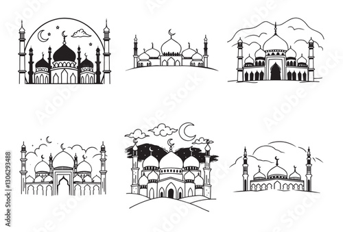 Graceful Mosque Silhouettes Pack,Minimalist Mosque Silhouettes: 6 Variations in Vector Format.