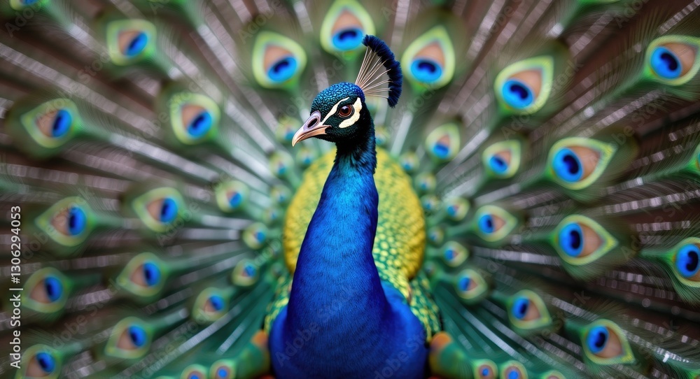 Obraz premium Adult male peacock showcasing its vibrant plumage.