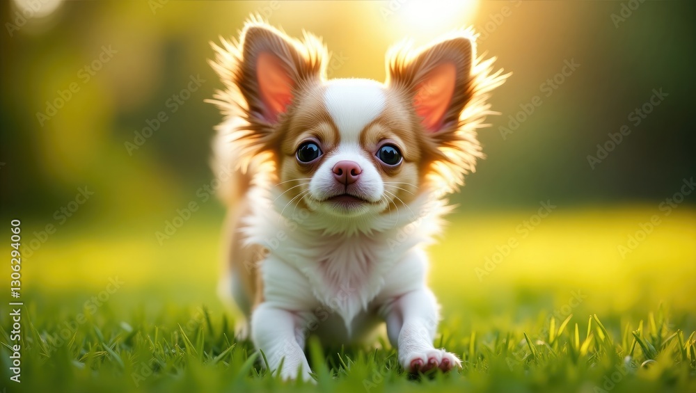 Adorable chihuahua pup in a sunny grassy setting. The dog appears healthy and charming. Adorable chihuahua pup in a sunny grassy setting. The dog appears healthy and charming.
