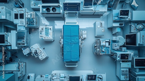 An overhead view of a sterile operating room setting