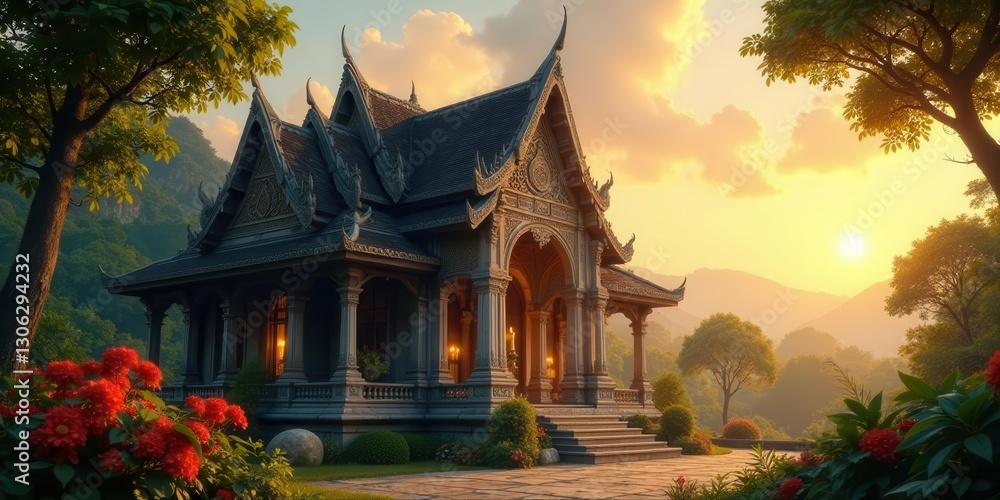 Fototapeta premium Serene Pavilion at Sunset An Architectural Marvel Amidst Lush Foliage and Gentle Hills
