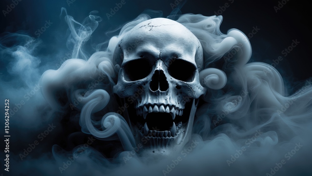 Eerie skull rising from a mist of smoke in a high-contrast scene. Eerie skull rising from a mist of smoke in a high-contrast scene.