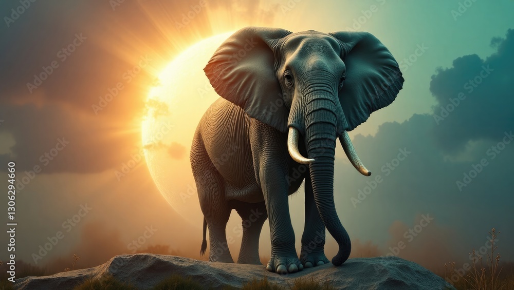 Fototapeta premium Altered depiction of an elephant alongside a rock, suitable for printing.