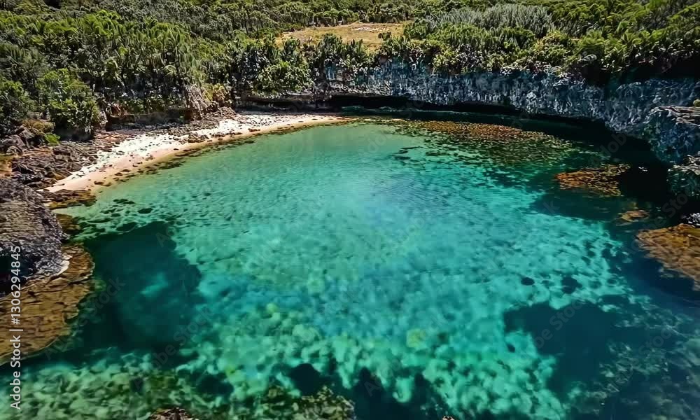Aerial exploration of pristine coastal lagoon with vibrant coral reefs and lush cliffside forest. Aerial exploration of pristine coastal lagoon with vibrant coral reefs and lush cliffside forest.